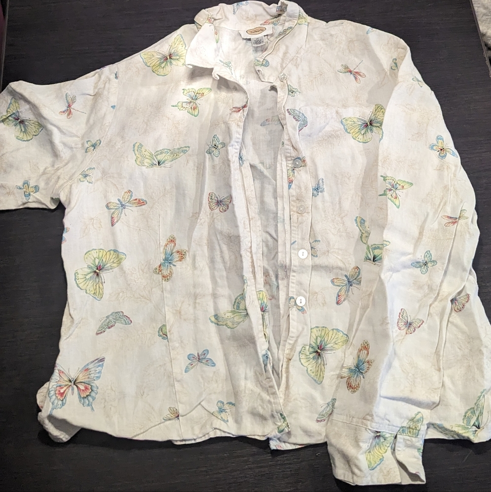 Long sleeve button up, size 12, Talbots, white with butterfly pattern.